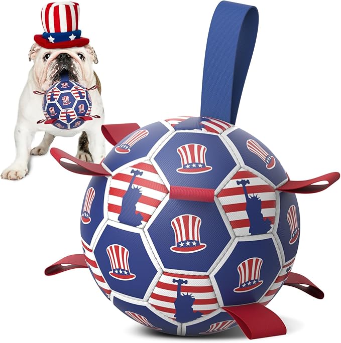 Diman Dog Toy Soccer Ball : Outdoor Dog Toys, Dog's Independence Day Gift, Dogs Soccer Ball with Straps for Tug of War, Pet Birthday Gift for Small Medium (6 Inch)