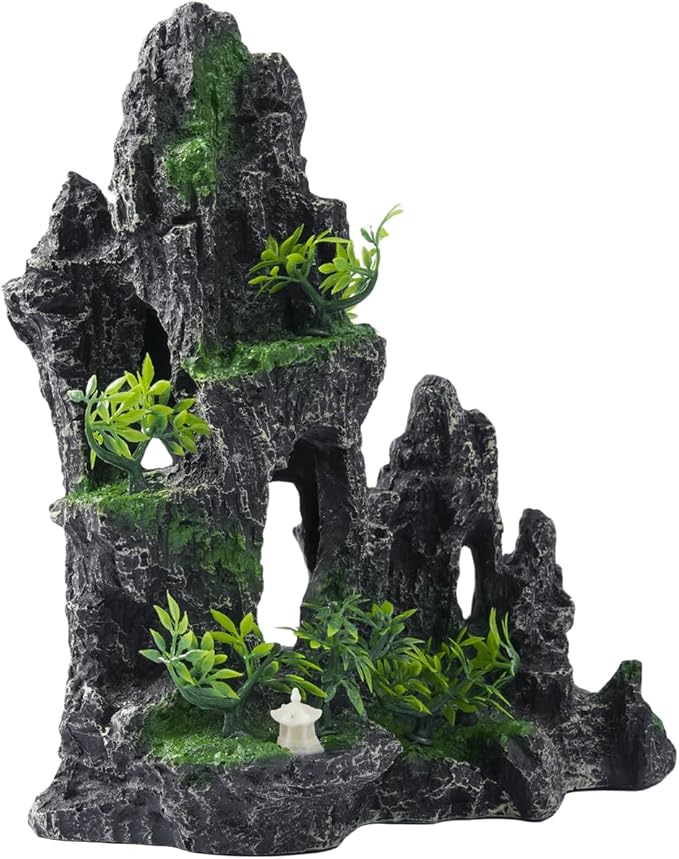 Large Fish Tank Decorations - Mountain View Aquarium Ornament with Tree House Cave Bridge,Resin, 10.24x9.45x5.12 inches, C