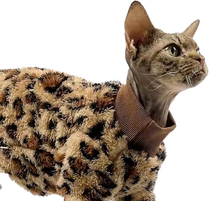 Cat Leopard Double-Sided Fleece Pullover, Soft Warm Clothes for Hairless Sphynx, Devon & All Indoor Kittens in Winter (Leopard,M)
