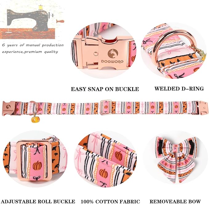 DOGWONG Cotton Fall Dog Collar, Pink Halloween Dog Collar with Bow Cute Pink Pumpkin Dog Collars Puppy Necklace for Female Small Medium Large Dogs