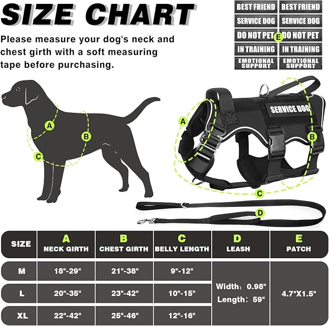 Tactical Service Dog Vest and Leash Set,Heavy Duty Harness with Metal Buckles for Large Dogs,Adjustable No Pull Pet Vest with 10 Patches,for Training Working Hiking,Black XL
