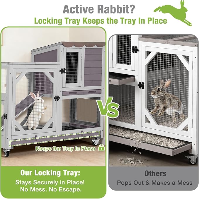 GUTINNEEN 2-Story Rabbit Hutch Indoor Bunny Cage Outdoor Guinea Pig House Wooden Small Animal Cage with Chew-Proof Ramp, Leak-Proof Tray, Lockable Wheels for 2-4 Rabbits, Guinea Pigs (Grey)