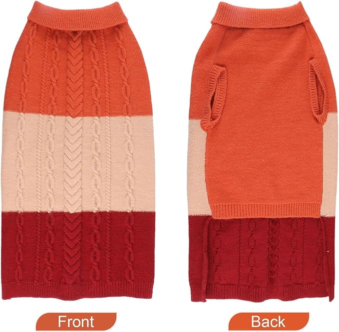 DELIFUR Color Block Cat Sweater - Knitted Turtleneck Cat Knitwear Warm Dog Coats with Classic Cable Fall Winter Clothes for Cat Puppy Chihuahua Girl (Orange, Small)