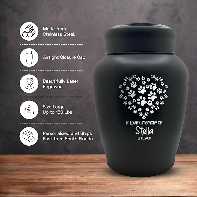 Personalized Custom Dog Urn Engraved Dog Name and Date - Stainless Steel Large Cremation Urns for Large Dog's Ashes with Airtight Closure | 150 Cu in. Capacity | Paw Print Heart