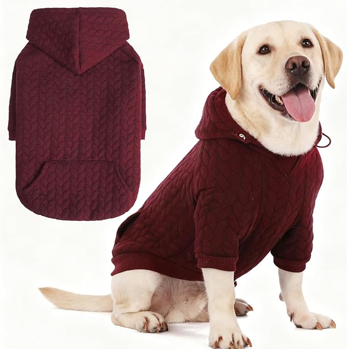EXPAWLORER Textured Cable Knit Basic Dog Hoodie, Elevated Style Dog Sweater with Leash Hole and Pocket, Soft and Warm Pet Winter Coat, Cold Weather Clothes for Small Medium Large Dogs,Wine Red XL