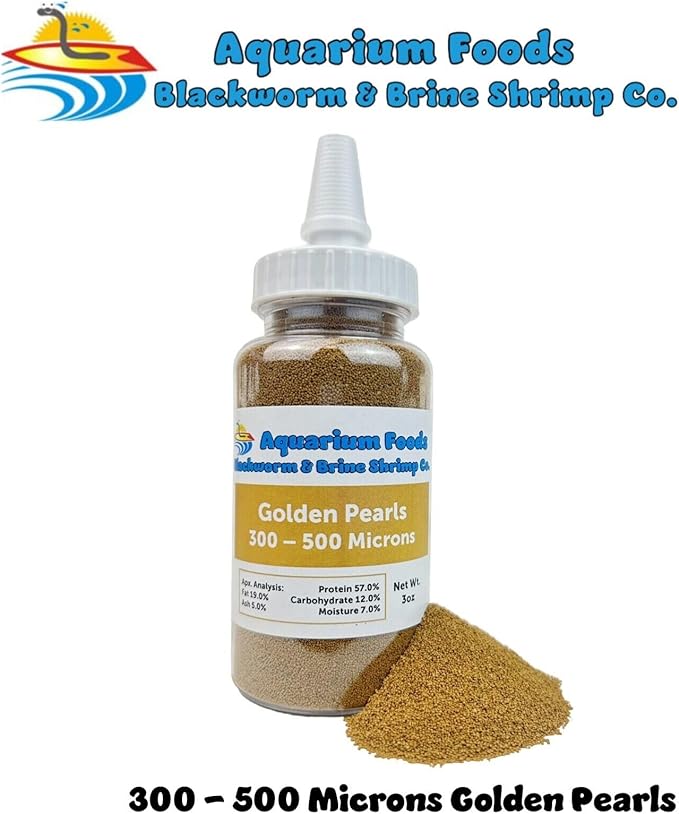 Aquatic Foods Inc. Golden Pearls 300-500 Microns for Tropical Fish Fry, Babies, Guppies, Tetras, Bettas, Nano Fish, for Corals, Anemones, Reef Tanks…3oz Squeeze Bottle