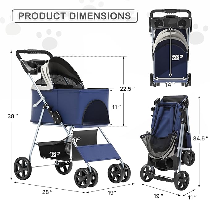 MoNiBloom 3 in 1 Foldable Pet Stroller for Small & Medium Dogs, Detachable Carrier, Car Seat, Push Button Entry, 4-Wheel Jogger for Pets up to 33 lbs, Navy Blue