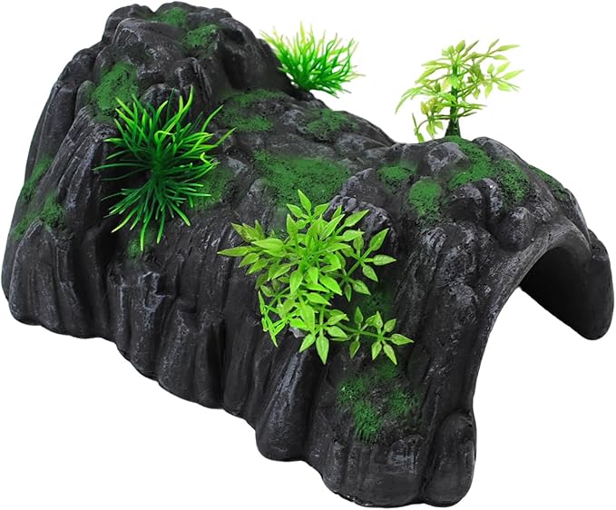 Fish Tank Hideout Cave Decor,Resin Rock Mountain Tunnel with Moss Plants Betta Cichlid Habitat Shelter for Aquarium Fish Tank Accessories 9.5 x 6 x 4 Inch