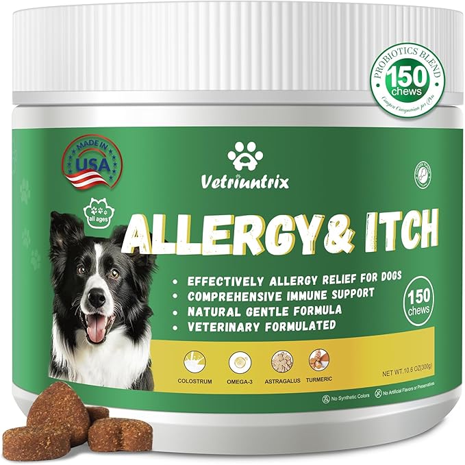 Dog Allergy Chews, Dog Itch Relief Chews for Paw Licking Itchy Skin Seasonal Allergies, Probiotics with Omega-3 Turmeric Astragalus for Large Dogs Coat Immune Supplement-150ct