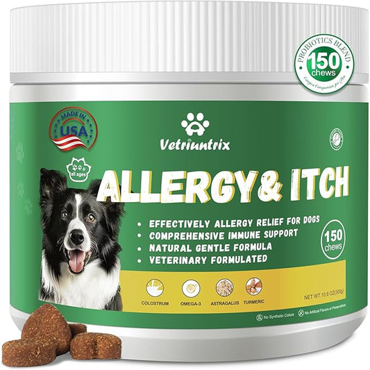 Dog Allergy Chews, Dog Itch Relief Chews for Paw Licking Itchy Skin Seasonal Allergies, Probiotics with Omega-3 Turmeric Astragalus for Large Dogs Coat Immune Supplement-150ct