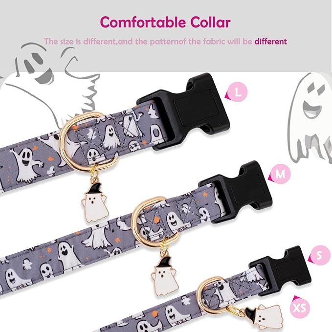 Faygarsle Gray Dog Collar with Ghosts Pattern Fall Autumn Halloween Cute Dog Collar for Small Medium Large Dogs Seasonal Pet Collar for Male Female Puppy Boy Girl Collar para Perros XS