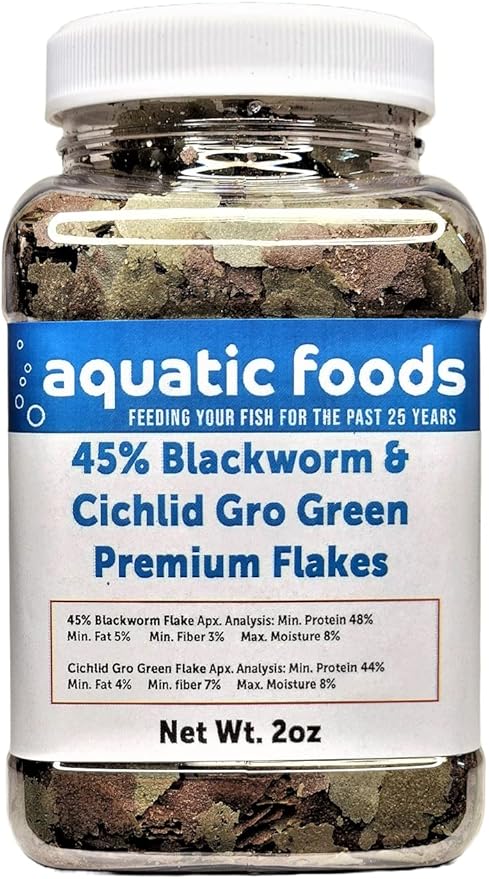 Aquatic Foods Inc. 45% Blackworm & Cichlid Green GRO Spirulina-Veggie Flake Mix for Cichlids, Discus, for All Community Tropical Fish. Aquatic Foods Flakes…2oz Small Jar