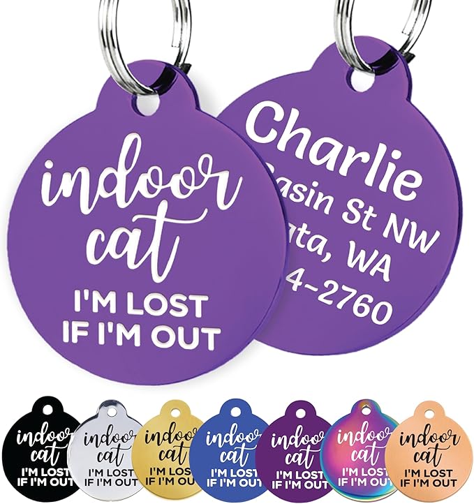 GoTags Personalized Small Indoor Cat ID Tag - Engraved with 4 Lines of Custom ID, Purple Stainless Steel, Round