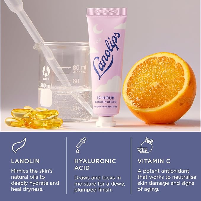 Lanolips 12 Hour Overnight Lip Mask - Rich Lanolin Lip Balm with Hyaluronic Acid, Vitamin C & Ceramides - Restore, Soften & Replenish While You Sleep - Cruelty-Free Hydrating Balm (0.52 oz / 15 g)