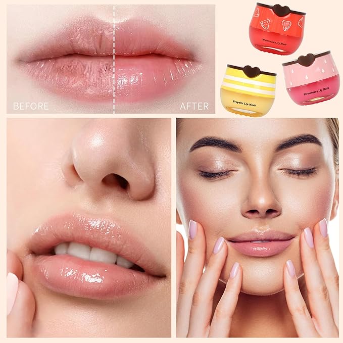 3 PCS Bee Lip Balm Lip Mask Honey Pot, Honey & Strawberry & Watermelon Lip Sleeping Mask Overnight Moisturizing Honey Lip Balm, Hydrating Prevention Dry & Cracked, Mothers Day Gifts, Birthday Gifts
