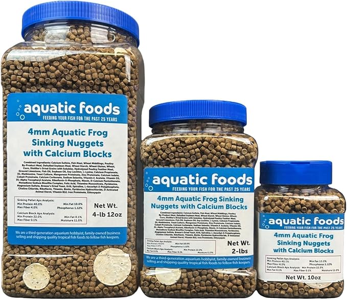 Aquatic Foods Inc. Calcium Blocks Included in Aquatic Frog, 4mm-3/16 Sinking 40% Protein Nuggets for Aquatic Frogs, Snails, Shrimp, All Tropical Fish...4-lbs 12oz Jar