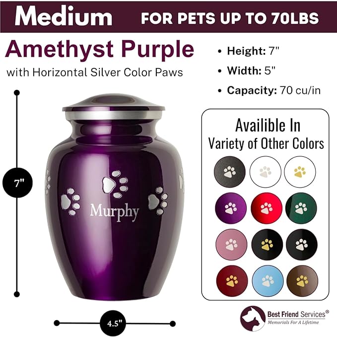Pet Urn for Dogs and Cats with Personalized Laser Engraving, Ottillie Paws Premier Series Memorial Urns (Medium Amethyst Purple with Horizontal Pewter Paws)