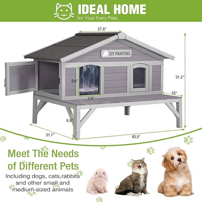 GUTINNEEN Large Outdoor Cat House Insulated Cat House Indestructible Weatherproof Feral Cat Shelter with Waterproof Roof, Escape Door for 1-4 Feral Barn Cats, 43.5" L x31.1 D x31.2 H (Grey)