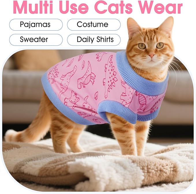 DENTRUN Sleeveless Cat Vest with Dinosaur Print, Breathable Ultra-Soft Dralon Fleece Cat Sweater, All-Season Pet Costume Apparel for Cats, Kitten Clothing for Indoor/Outdoor, Pink, XL
