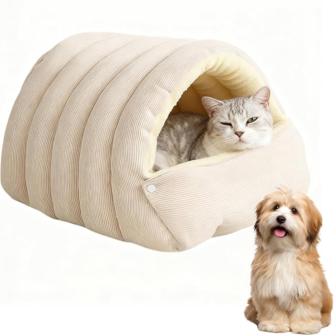 Cat Dog Cave Bed, 2026 New Winter Cave for Cat and Small Dog, Warm Plush Covered Cat House with Removable Cushion,Soft Calming Indoor Cat Bed (Beige, L(20 * 16 * 11inch)
