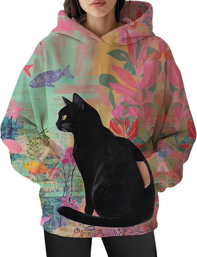 Womens Funny Cat Hoodies Oversized Graphic Hooded Sweatshirt for Women Fall Plus Size Pullover Hoodie Y2K