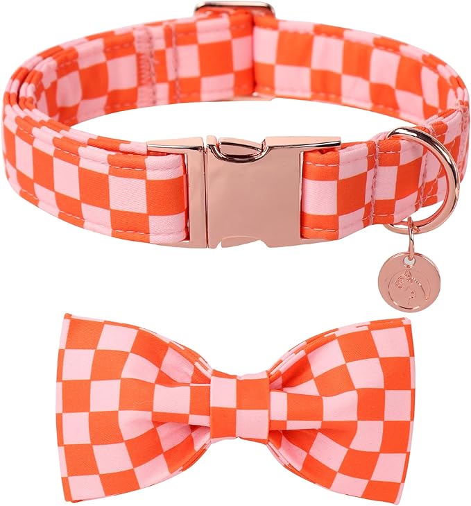 DOGWONG Orange Pink Plaid Dog Collar with Bow - Adjustable and Comfortable Autumn Dog Collar Fall Necklace for Large Medium Small Pet