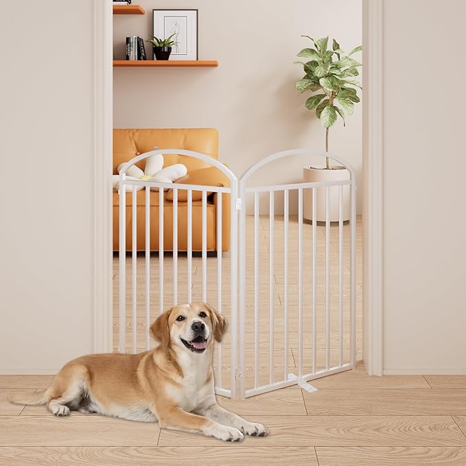 2 Panels Full Matel Freestanding Dog Gates with Door, 48"Extra Wide 36"Tall Free Standing Dog Pet Gate for Indoor & Outdoor. Foldable Pet Fences for Doorways, House, Stairs, Porch, Deck, Yard