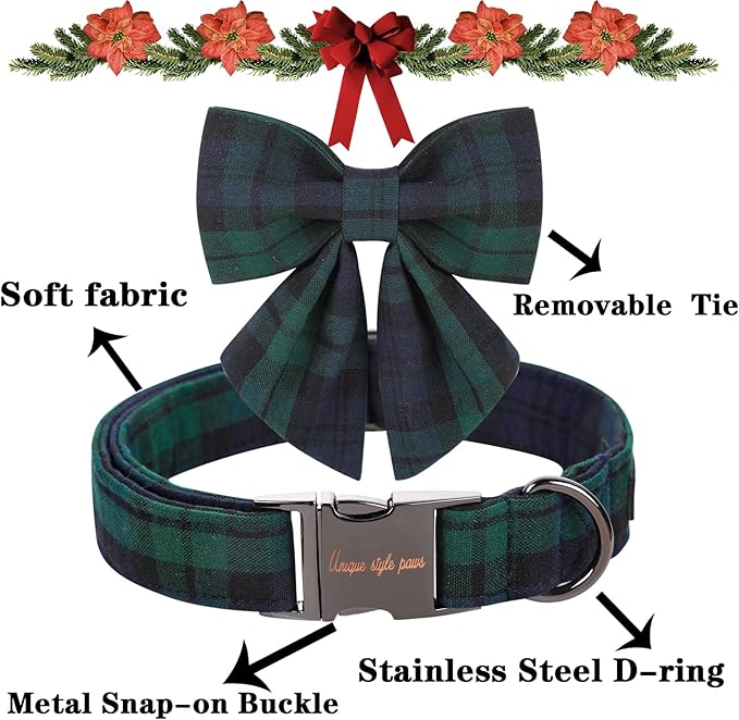 Unique style paws Christmas Dog Collar with Bow Tie Green Plaid Puppy Collar for Small Medium Large Dogs as Autumn Winter Pet Gifts-M