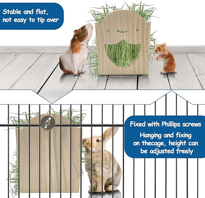 Hamiledyi Wood Rabbit Hay Feeder for Cage Bunny Hay Manger Rack Small Animals Feeding Holder Wooden Grass Dispenser with Chew Toys for Guinea Pig Chinchilla Hamster 9Pcs