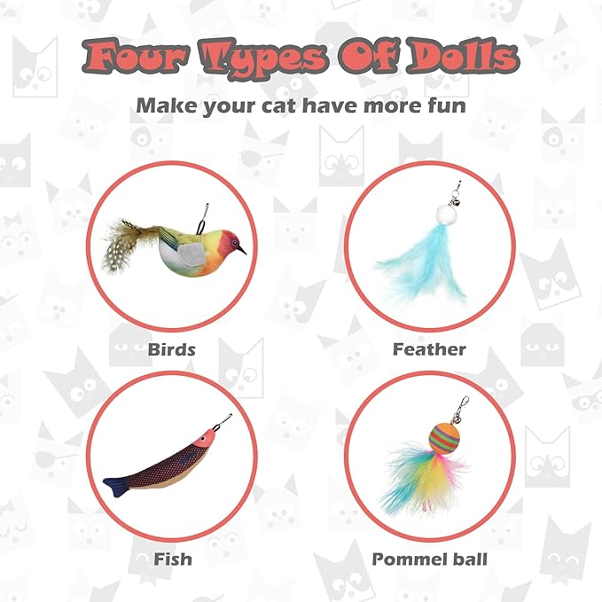 Cat Toys for Indoor Cats,Interactive Cat Toys for Bored Indoor Adult Cats 7 Pack Cat Teaser Cat Toys, 2 Pack Flexible Steel Wire and 4 Pcs Replacement Feather Refills with Balls and Birds