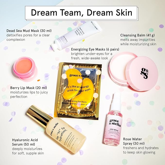 grace & stella Award Winning Skin Care Set - Birthday Gifts for Her, Travel Size Toiletries with Eye Masks, Hyaluronic Acid Serum, Lip Balm & More, Gift Baskets for Women, Vegan Cruelty-Free Self Care