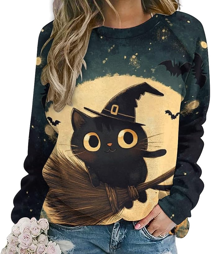 Halloween Sweatshirts for Women Black Cat Print Pullover Crewneck Oversized 2024 Fall Fashion Casual Warm Shirt
