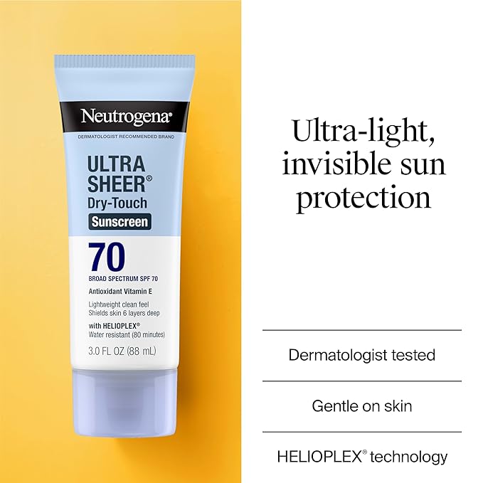 Neutrogena Ultra Sheer Dry-Touch Sunscreen Lotion SPF 70, Broad Spectrum, Water Resistant 80 Min, Oil-Free, Oxybenzone-Free, Non-Comedogenic, Matte Finish, Body Sunscreen, Travel Size 3 Fl Oz