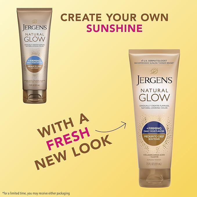 Jergens Natural Glow +Firming Self Tanner Body Lotion,Medium to Deep Skin Tone,Sunless Tanning Moisturizer with Collagen and Elastin,Helps to Visibly Reduce Cellulite,7.5 Oz,(Pack of 4)
