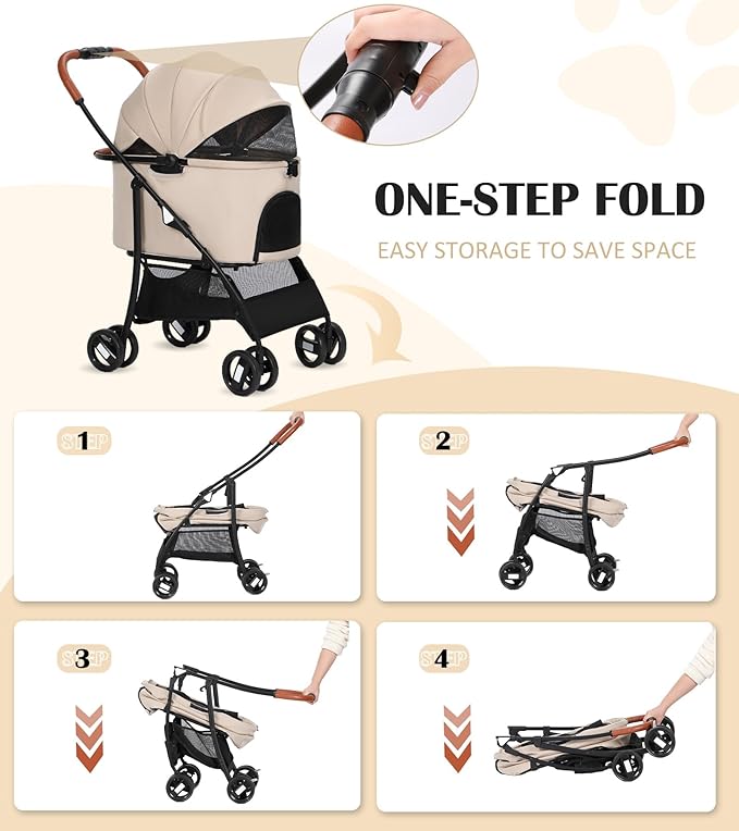 Pet Stroller for Small Medium Dogs Cats Up to 45 lbs with Detachable Pet Carrier. Portable Foldable Dog Stroller with Sunshade and Car Seat Travel, Suitable for All Seasons(Khaki 101K)