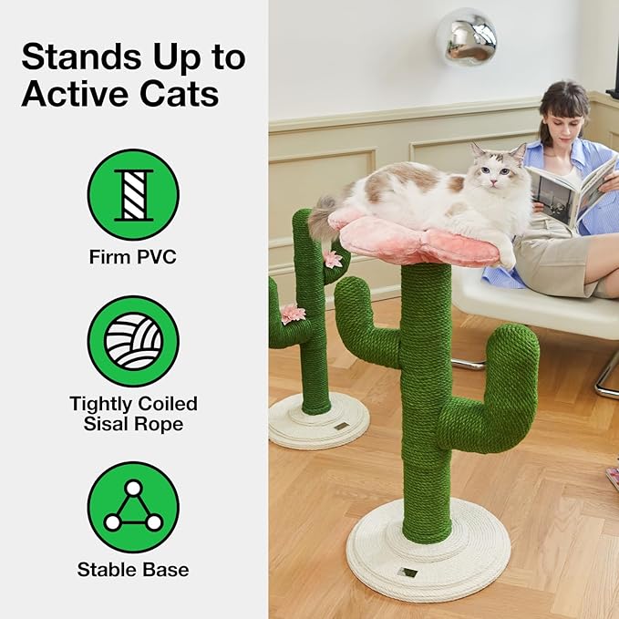 VETRESKA 41.3" Cat Scratching Post with Bed, Tall Cat Scratch Post for Indoor Cats, 2-in-1 Cat Tree Tower, Extra Large Jute Cat Scratcher Durable Cat Scratch Tree Tower with Soft Cozy Fluffy Perch