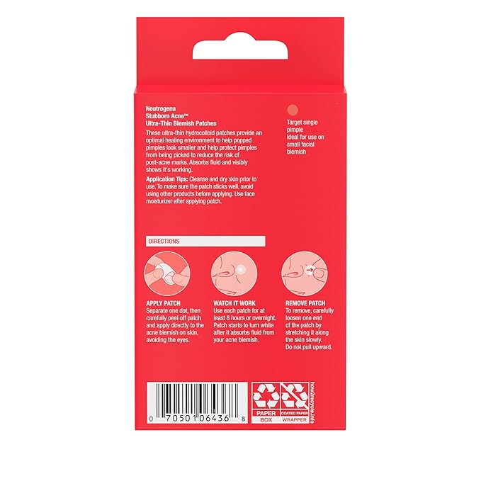 Neutrogena Stubborn Acne Ultra-Thin Patches for Acne-Prone Skin - Hydrocolloid Overnight Blemish Patch for Clear Skin, 24 Patches