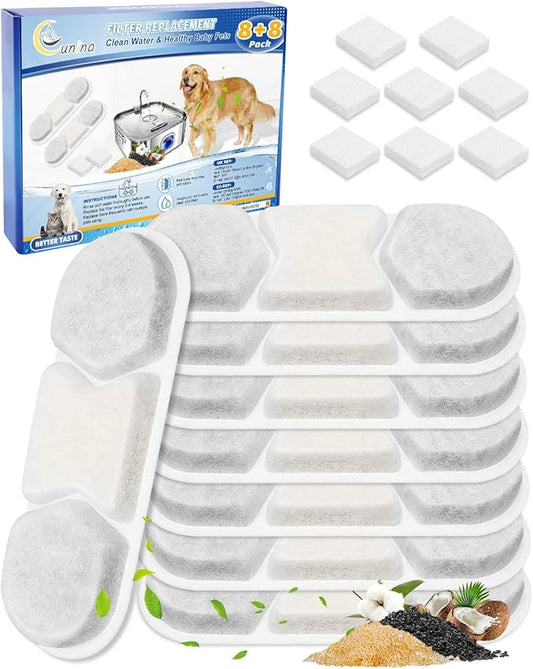 8 Pack Filter & 8 Pump Sponges Pet Water Fountain Filter Compatible with WF120 410oz/3.2Gal/12L & Fit for Zuqqony DYSJ01 Dog Water Bowl Dispenser, Filters Replacement for Cat Automatic Fountain