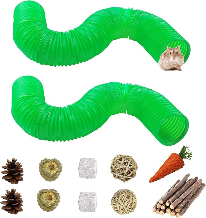 PINVNBY Plastic Tunnel for Hamster,2 PCS Guinea Pigs Tunnels with 19 PCS Chew Toy Collapsible Ferret Hideout Tubes Small Animals Cage Accessories for Hamsters Mouse Rat Gerbils Rats Mice(Green)