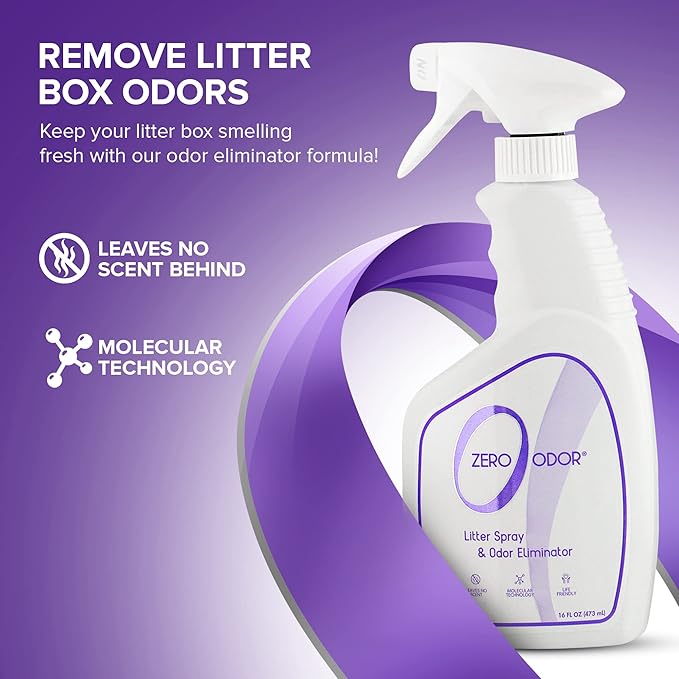 Zero Odor – Litter Odor Eliminator - Permanently Eliminate Litter Odors with Best Patented Molecular Technology - Pet Safe & Works on all types of litter, 16oz (Over 400 Sprays)