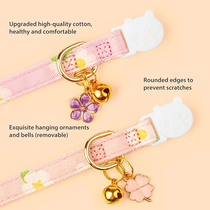 2 Pack Cotton Breakaway Cat Collar Purple and Pink Flowers Pendant Cute Kitten Cat Collar with Bell