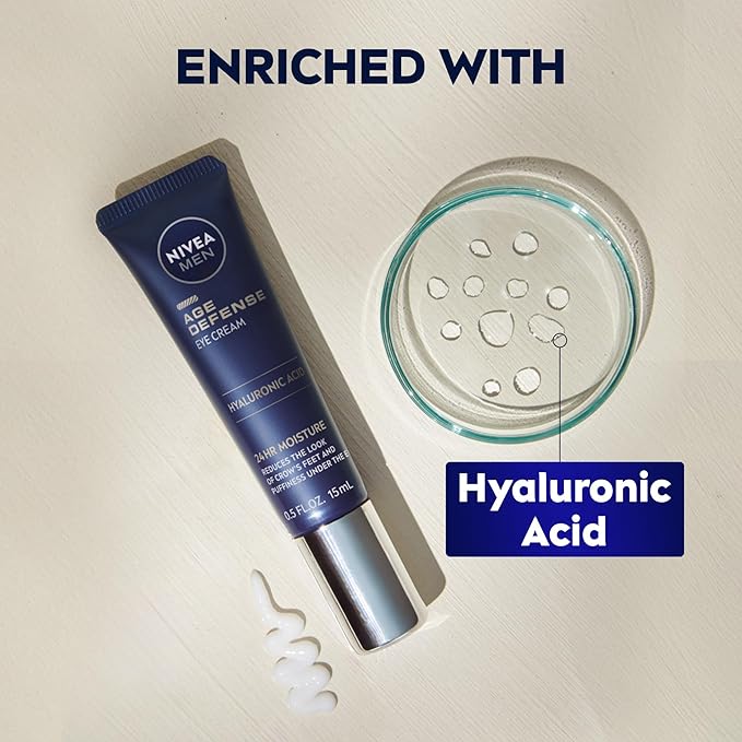 NIVEA MEN Age Defense Eye Cream with Hyaluronic Acid,24-Hour Hydrating Under Eye Cream for Men Helps Reduce Look of Crow's Feet,Fine Lines and Dark Circles,0.5 Fl Oz Tube,(Pack of 2)