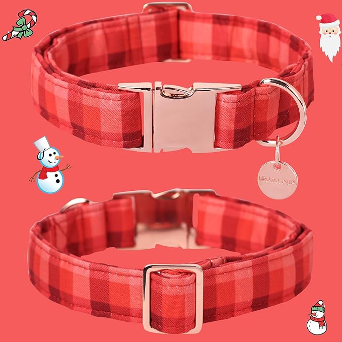 Christmas Dog Collar, Christmas Collar for Puppy Girl Boy Dog or Cat, Red Plaid Dog Collar with Durable Metal Buckle, Cute Pet Collar, M