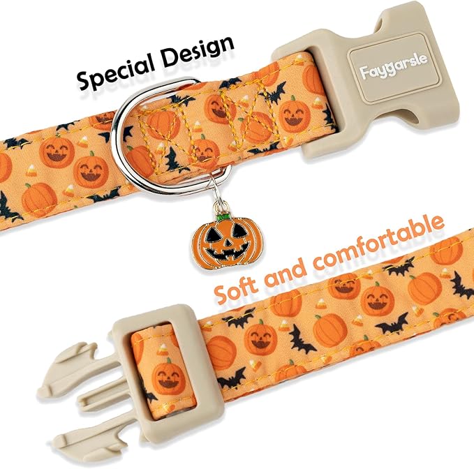 Faygarsle Halloween Dog Collar, Orange Pumpkin and Bat Pattern, Fall Festive Design for Small Medium Large Dogs XS