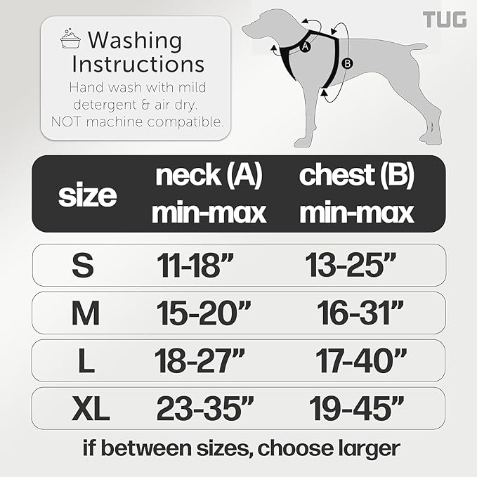 TUG Dog Harness with 2 Leash Connection Points | Adjustable, Padded, Lightweight | Handle on Back | No-Pull Front Clip (Large, Black)
