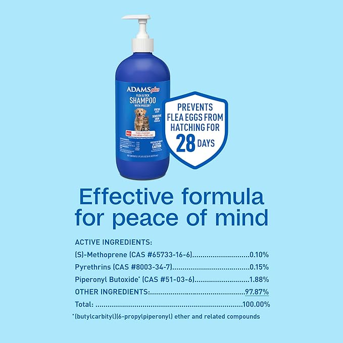 ADAMS Plus Flea & Tick Shampoo with Precor IGR for Cats, Kittens, Dogs & Puppies Over 12 Weeks of Age, Sensitive Skin Flea Treatment, Kills Adult Fleas, Flea Eggs, Ticks, and Lice, 24 Ounces