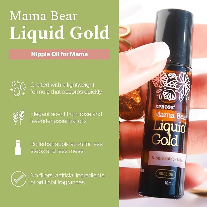SPRIGS Liquid Gold Nipple Oil, 10ml | Breastfeeding Essentials for Moms | Soothing Organic Calendula, Rose & Lavender Essential Oils Care for Sore Nipples | Mess-Free Roller | Fully Dry Before Nursing