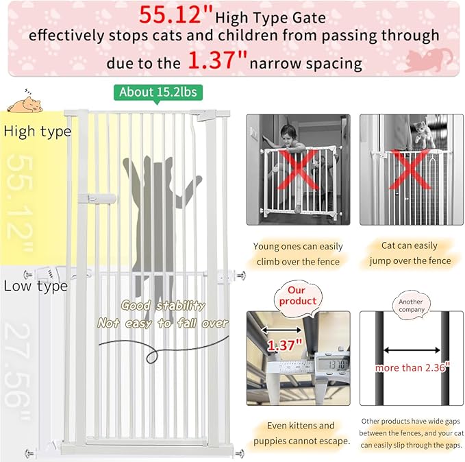 Lumizone Extra Tall Cat Gate 55.12" High Pressure Mounted Extra Wide 2025 New (17 Sizes) 1.37" Gap No Drilling Auto-Close One-Handed Operation Tall Pet Gate for Dogs(White, 55.12" H x 59.45"-63.38" W)