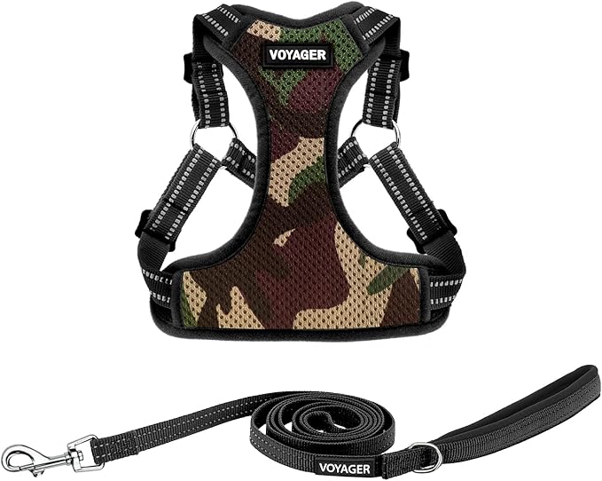 Best Pet Supplies Voyager Mesh Dog Breathable Harness Reflective Stitching, All Weather Adjustable for Walking Training, or Running - Heavy Duty & Durable, Harness Leash Set (Army Base), XL