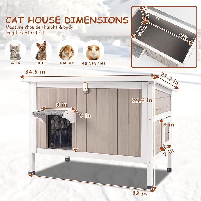 Insulated Cat House Outdoor Feral Cat Shelter House for 1-2 Cats, All Around Foam Cat Houses for Oudoor Cats Weathproof Wooden Indoor Cat House with Waterproof Roof, Escape Doors